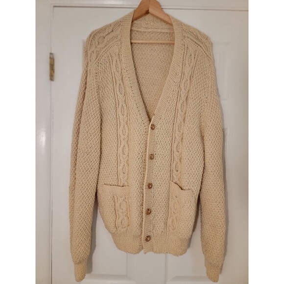 Handknit‎ Wool Fisherman Cable Mens Cardigan Pockets Grandpa Sweater XL handmade - Picture 1 of 7